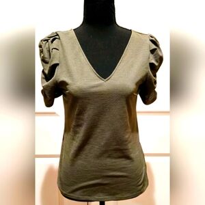 EXPRESS Short Puff Sleeve V-Neck Top Army Green Sz Small